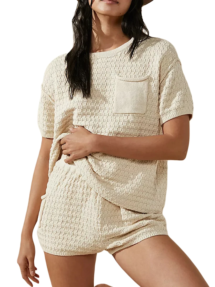 Women Summer Knit Shorts Outfits Solid Color Crew Neck Short Sleeve Pocket Shirts Tops Elastic Waist Shorts 2 Pieces Clothes Set
Women Summer Knit Shorts Outfits Solid Color Crew Neck Short Sleeve Pocket Shirts Tops Elastic Waist Shorts 2 Pieces Clothes Set