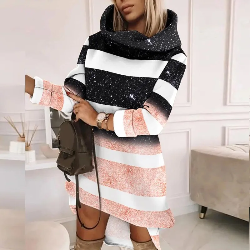 Winter Half High Collar Female Pullover Hoodies Dress Autumn Striped Plaid Print Irregular Dress Women Long Sleeve Office Dress
Winter Half High Collar Female Pullover Hoodies Dress Autumn Striped Plaid Print Irregular Dress Women Long Sleeve Office Dress