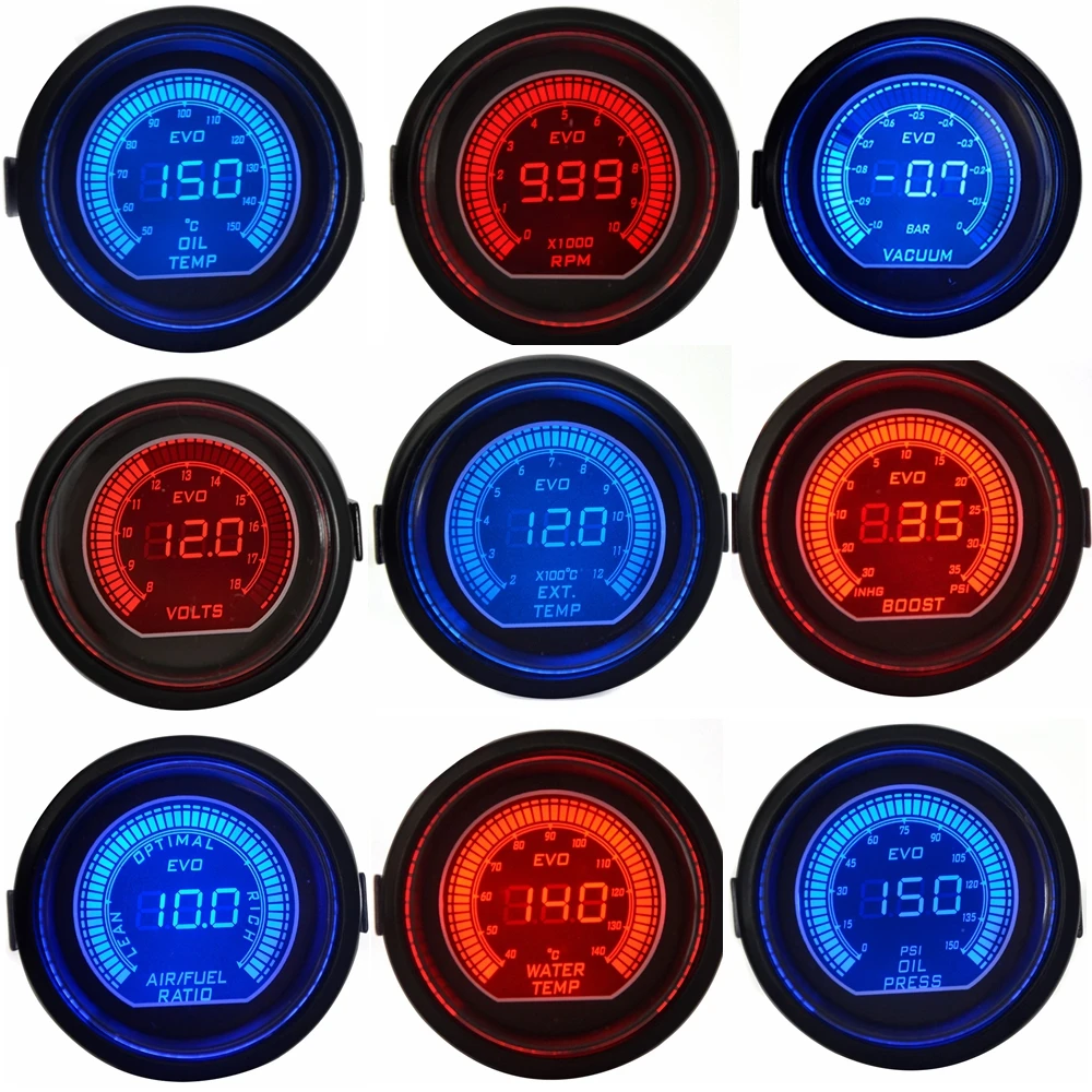 52mm EVO Oil Temperature Volt Vacuum Oil Temperature Exhaust Gas Temperature Boost Turbo Gauge Red&Blue Dual Led Display With