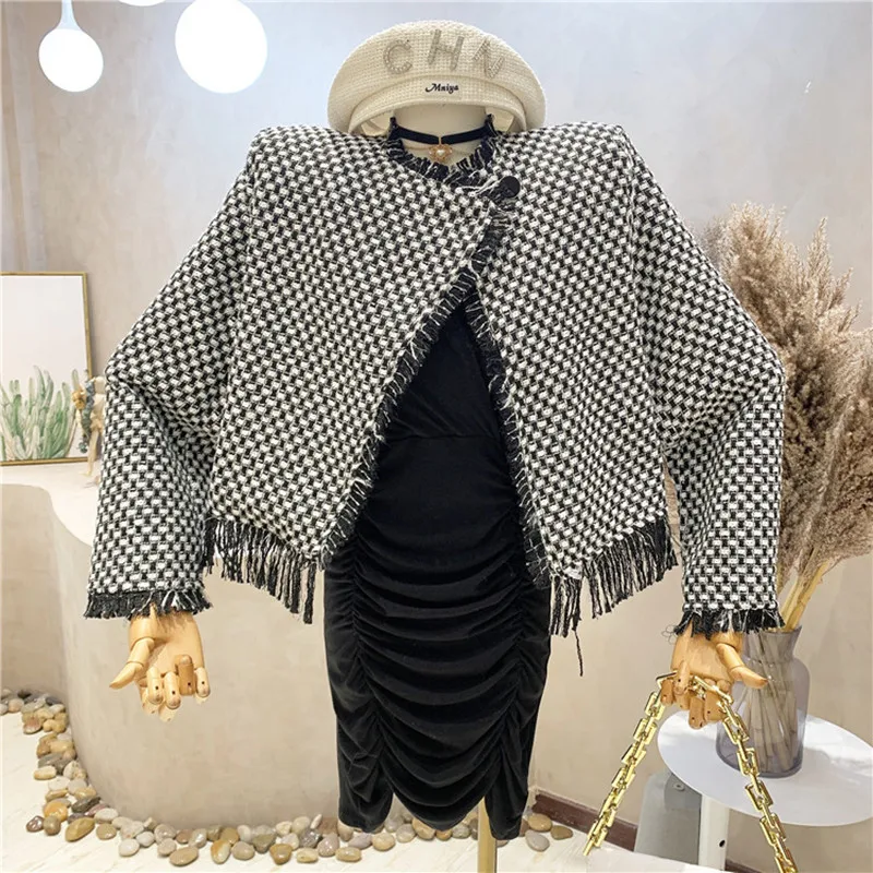 

Niche Design New Women's Clothing 2022 Spring Loose Design Sense Thousand Bird Check Tweed Short Coat Blazers Top Jacket