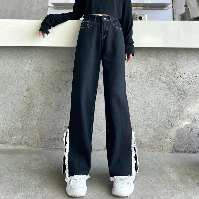 2023 Black Denim Women Autumn High Waist Straight Leg Pants with Lace Trim Side Split Wide Leg Y2k Jeans Loose Denim Trousers
2023 Black Denim Women Autumn High Waist Straight Leg Pants with Lace Trim Side Split Wide Leg Y2k Jeans Loose Denim Trousers