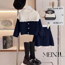 Retail 2023 New Baby Girls Fall Teenage Knitting Sets, Top   Skirts Princess Elegant Suits Girl 4-12T