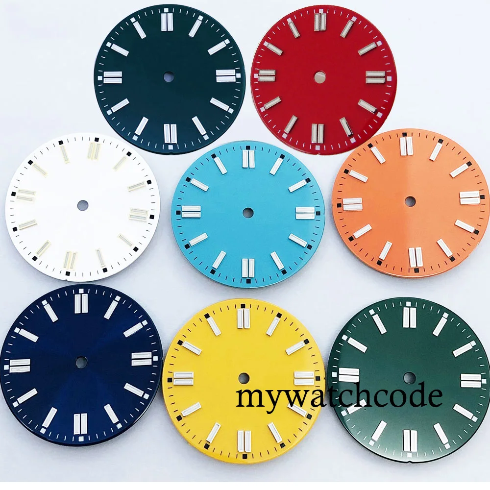 Orange/Green/Blue/Yellow/White/Red 29mm Watch Dial Green Luminous Fit NH35A NH36A ETA 2824 2836 Miyota 8215 Automatic Movement
Orange/Green/Blue/Yellow/White/Red 29mm Watch Dial Green Luminous Fit NH35A NH36A ETA 2824 2836 Miyota 8215 Automatic Movement