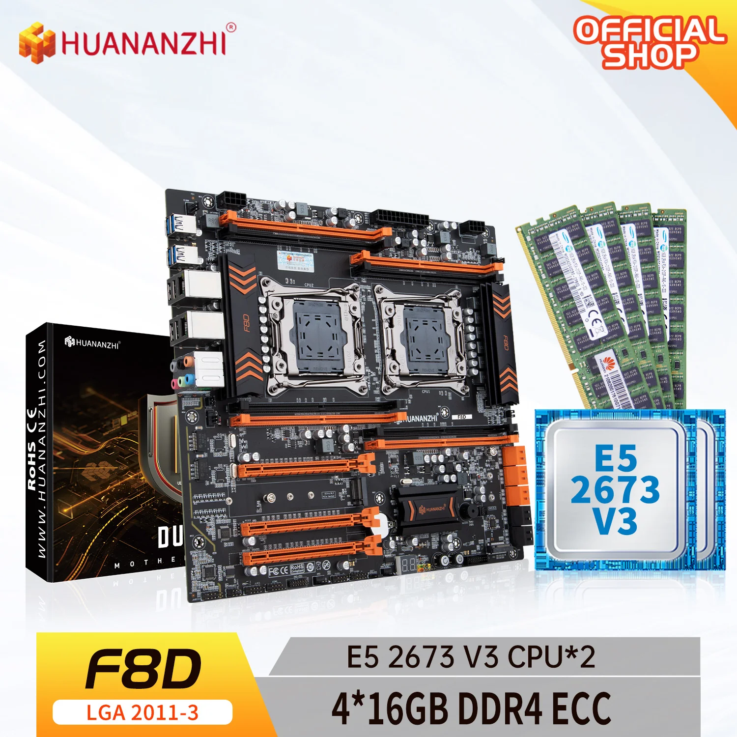HUANANZHI F8D LGA 2011-3 Motherboard Intel Dual with Intel XEON E5 2673 V3*2 with 4*16GB DDR4 RECC memory combo kit NVME USB
HUANANZHI F8D LGA 2011-3 Motherboard Intel Dual with Intel XEON E5 2673 V3*2 with 4*16GB DDR4 RECC memory combo kit NVME USB