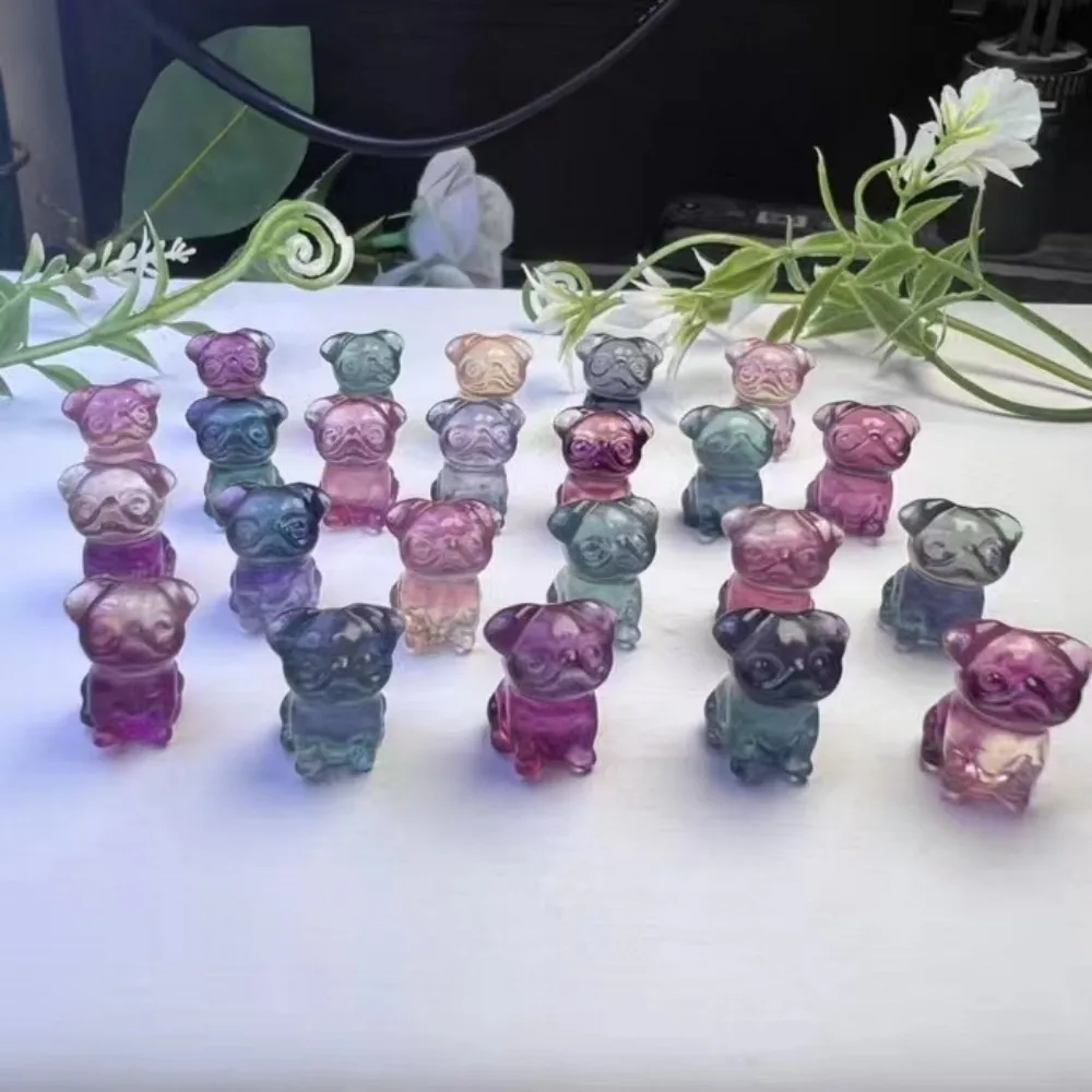 

1pc Natural Mini Rainbow Fluorite Pug Carvings Statue Figurine Miniatures Crystals Stone Healing Reiki Home Room Decor Animal