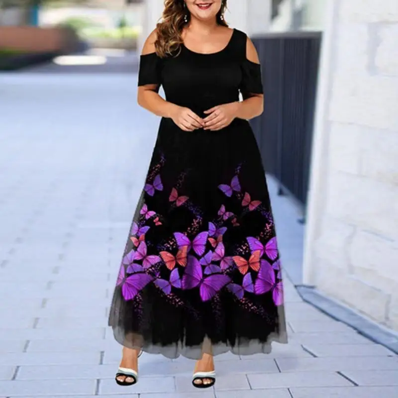 

Sexy Women Butterflies Print Off Shouder Evening Party Dress Summer New Fashion O-neck Short Sleeve Large Hem A-line Maxi Dress