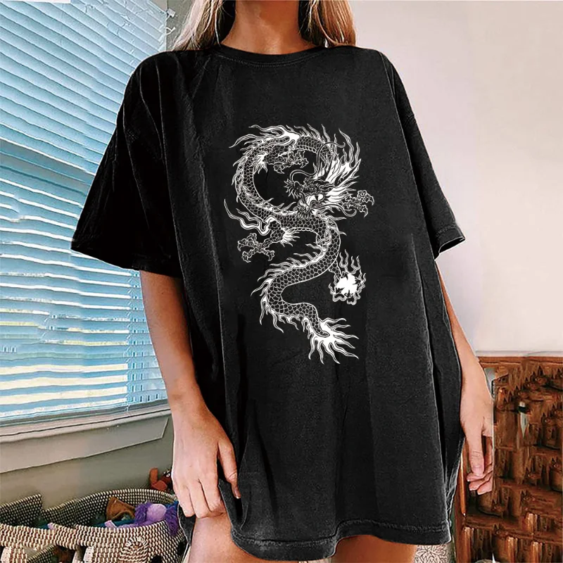 Casual Chinese Dragon Print T-shirt Black Short Sleeve O Neck Loose Top Vintage Hip Hop Streetwear Basic Oversized Women Clothes
Casual Chinese Dragon Print T-shirt Black Short Sleeve O Neck Loose Top Vintage Hip Hop Streetwear Basic Oversized Women Clothes
