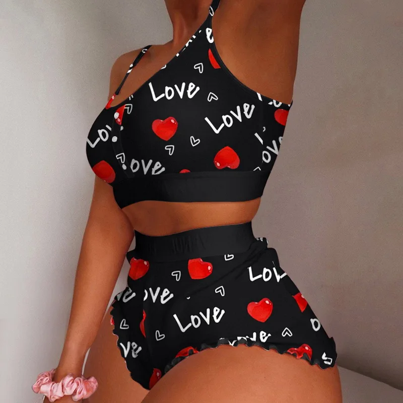 

Women's 2 Pieces Kawaii Strawberry Print Frill Hem Cami Pajama Set 2022 Femme Cute Crop Top & Shorts Suits Lady Sleepwear