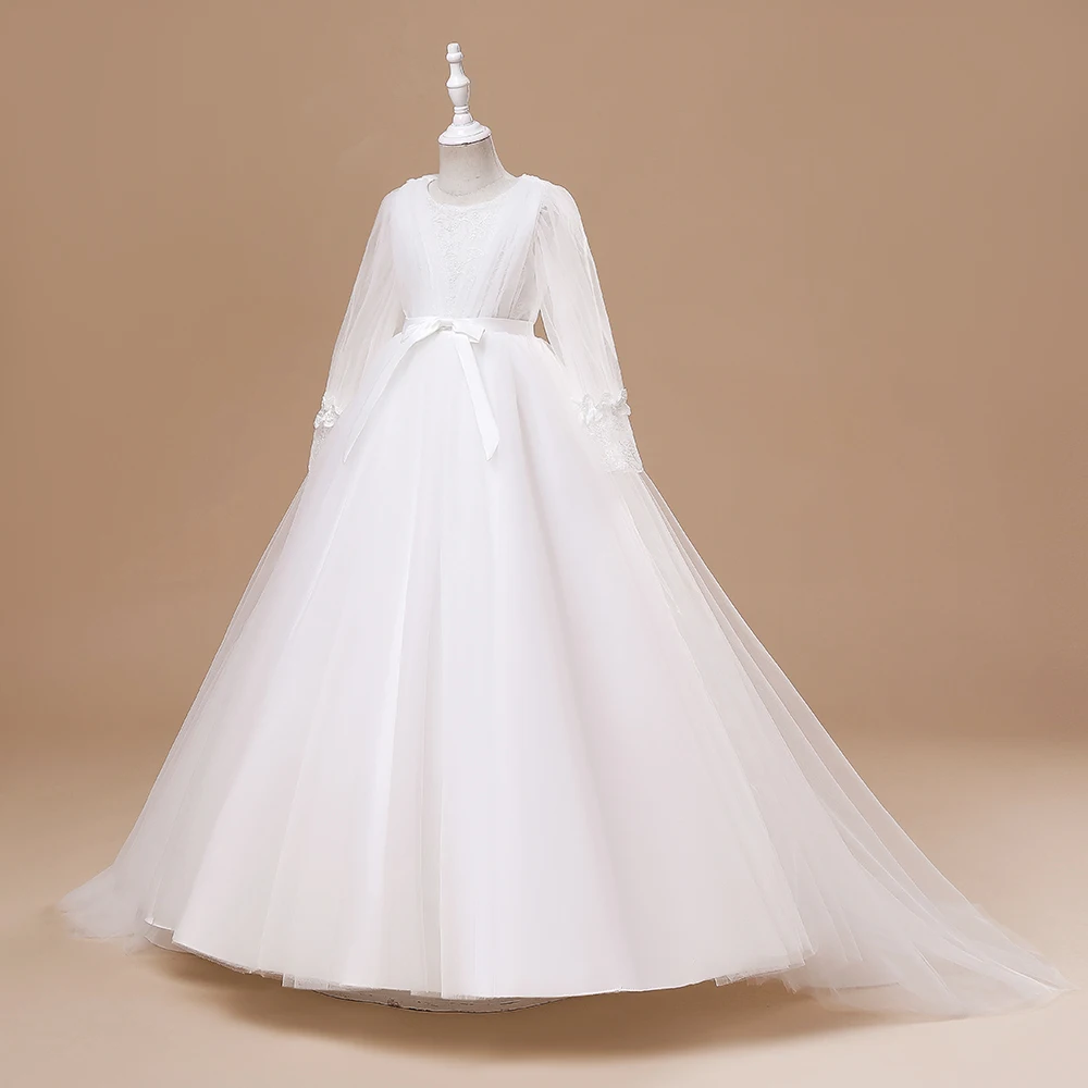

FSMKTZ, официальное Тюлевое платье для первого причастия, для девочек, белое платье для подружки невесты, с бантом, детские платья принцессы для девочек, костюм на свадьбу, день рождения