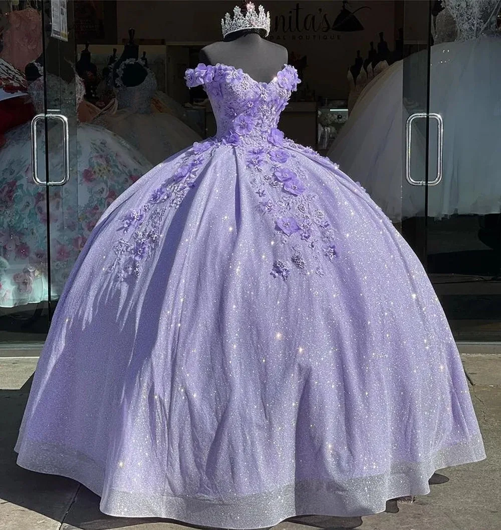 

Сиреневое блестящее бальное платье, платья для Quinceanera 2022, милое платье с 3D цветочной аппликацией сердечки, 15, 16, одежда для дня рождения