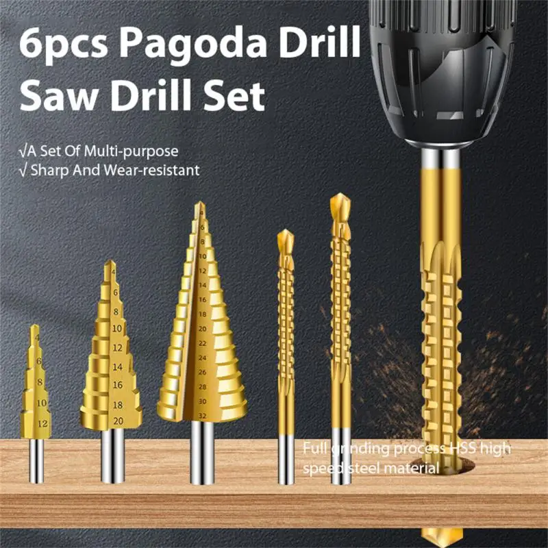 6Pcs 4-32 mm HSS Titanium Coated Step Drill Bit Drilling Power Tools Metal High Speed Steel Wood Hole Cutter Step Cone Drill
6Pcs 4-32 mm HSS Titanium Coated Step Drill Bit Drilling Power Tools Metal High Speed Steel Wood Hole Cutter Step Cone Drill