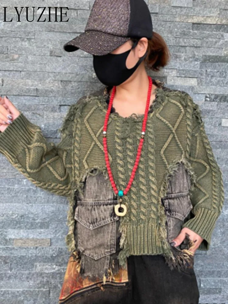 LYUZHE 2023 Spring Autumn Trend Worn Out Denim Jeans Splice Pullover Sweater Personality Raw Edge Design Versatile Top LWL619
LYUZHE 2023 Spring Autumn Trend Worn Out Denim Jeans Splice Pullover Sweater Personality Raw Edge Design Versatile Top LWL619
