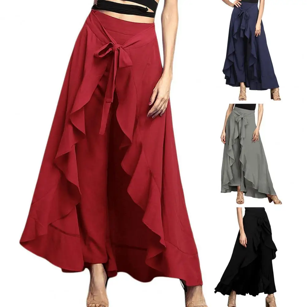 Women Pants Skirt Solid Color Loose Hem Maxi Skirt High Waist Ruffle Irregular Hem Pants Lace Up Ankle Length Pants
Women Pants Skirt Solid Color Loose Hem Maxi Skirt High Waist Ruffle Irregular Hem Pants Lace Up Ankle Length Pants
