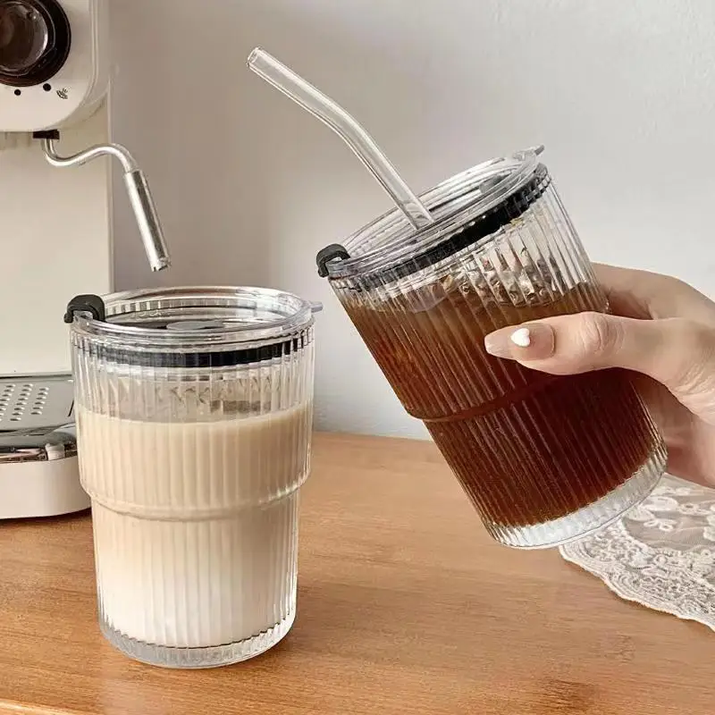 450ml Simple Stripe Glass Coffee Cup With Lid and Straw Transparent Bubble Tea Cup Juice Glass Milk Mocha Cups Breakfast Mug
450ml Simple Stripe Glass Coffee Cup With Lid and Straw Transparent Bubble Tea Cup Juice Glass Milk Mocha Cups Breakfast Mug