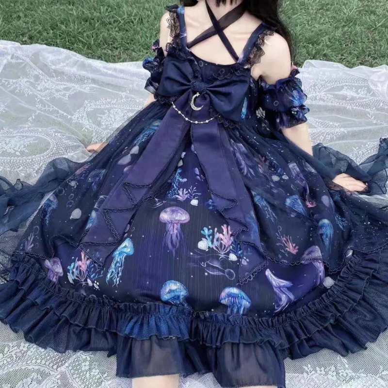 Japanese Sweet Lolita Jsk Dress Women Kawaii Coral Jellyfish Print High Waist Strap Dresses Girly Victorian Vintage Party Dress
Japanese Sweet Lolita Jsk Dress Women Kawaii Coral Jellyfish Print High Waist Strap Dresses Girly Victorian Vintage Party Dress