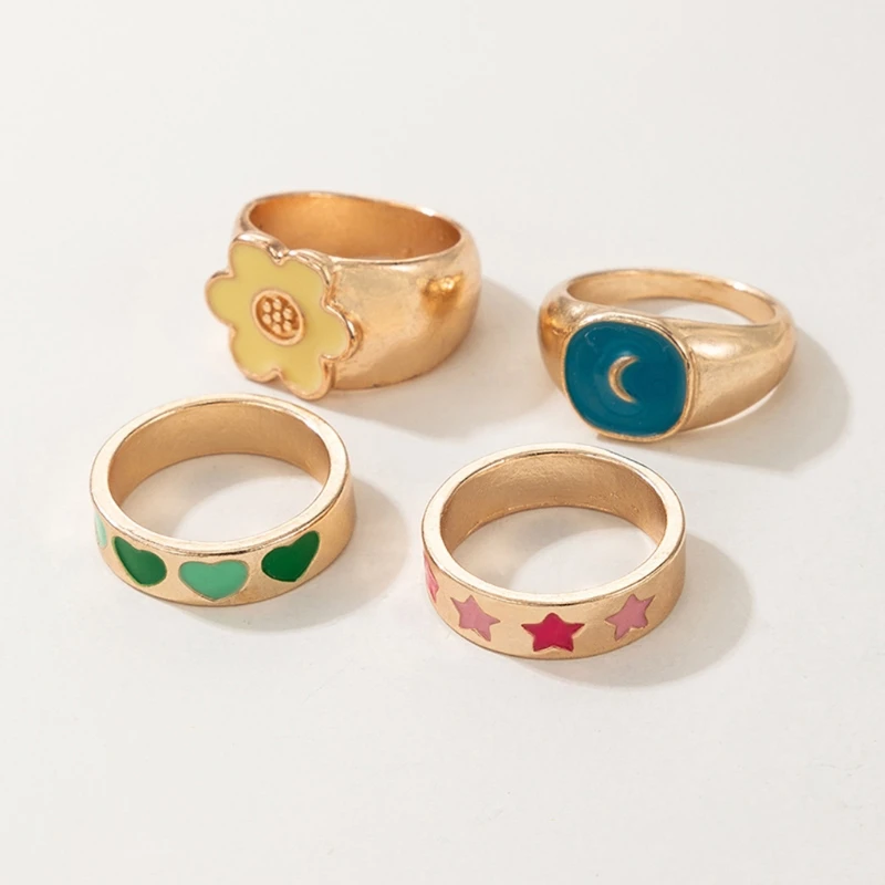 4pcs Alloy Dripping Oil Love Flower Star Moon Ring Wedding Love Rings Jewelry 
4pcs Alloy Dripping Oil Love Flower Star Moon Ring Wedding Love Rings Jewelry
