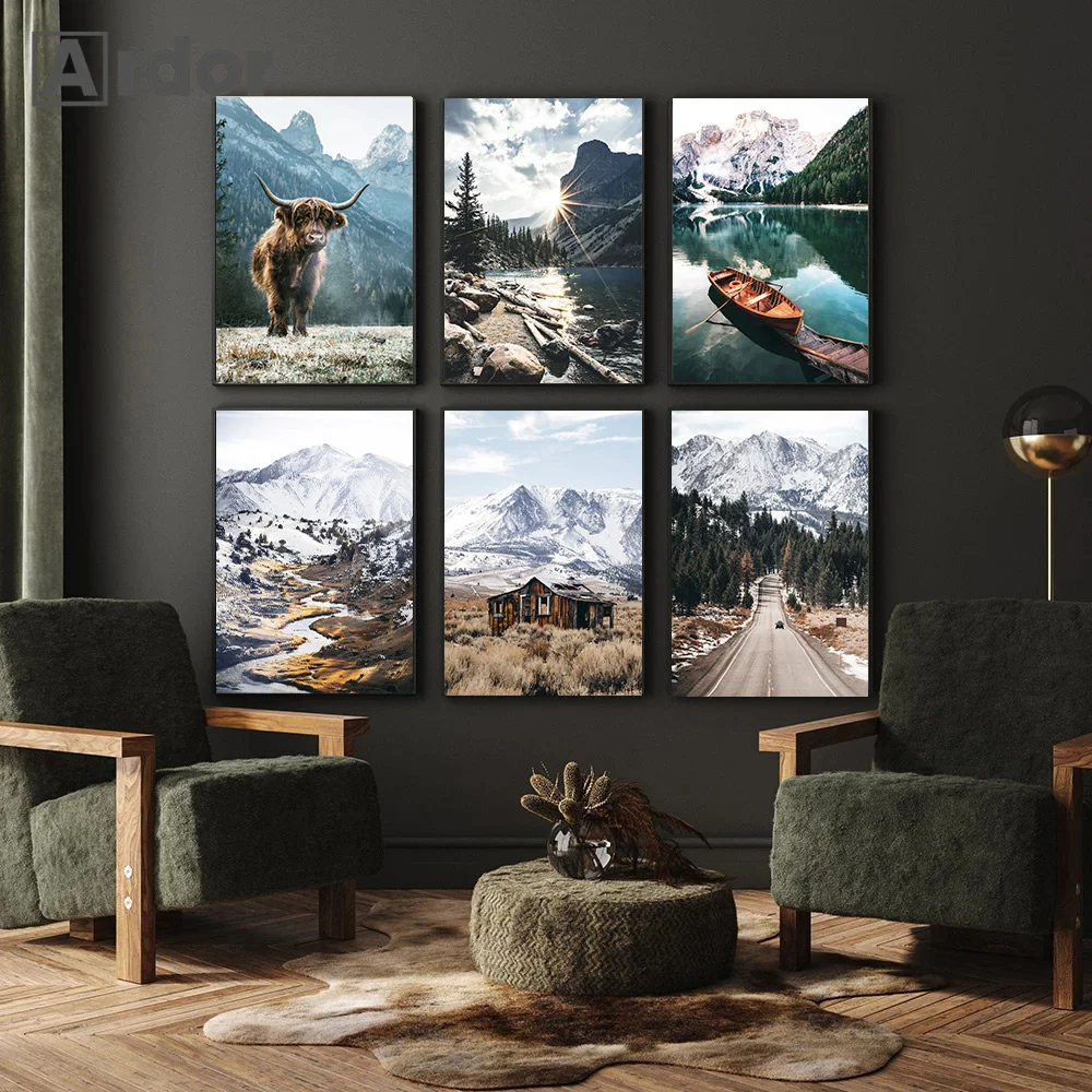 

Snow Mountain Lake Nature Scenery Poster Animal Cow Canvas Painting Forest Boat Print Nordic Wall Art Pictures Living Room Decor