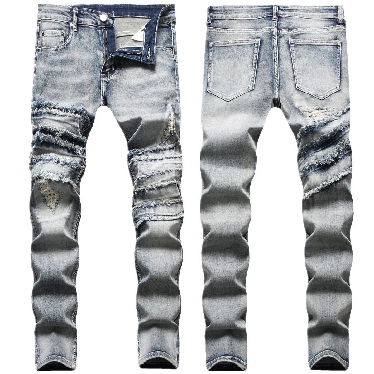 Autumn and winter new American style men's jeans cut spliced folded raw edge full-sweep craftsmanship jeans denim pants 7129
Autumn and winter new American style men's jeans cut spliced folded raw edge full-sweep craftsmanship jeans denim pants 7129