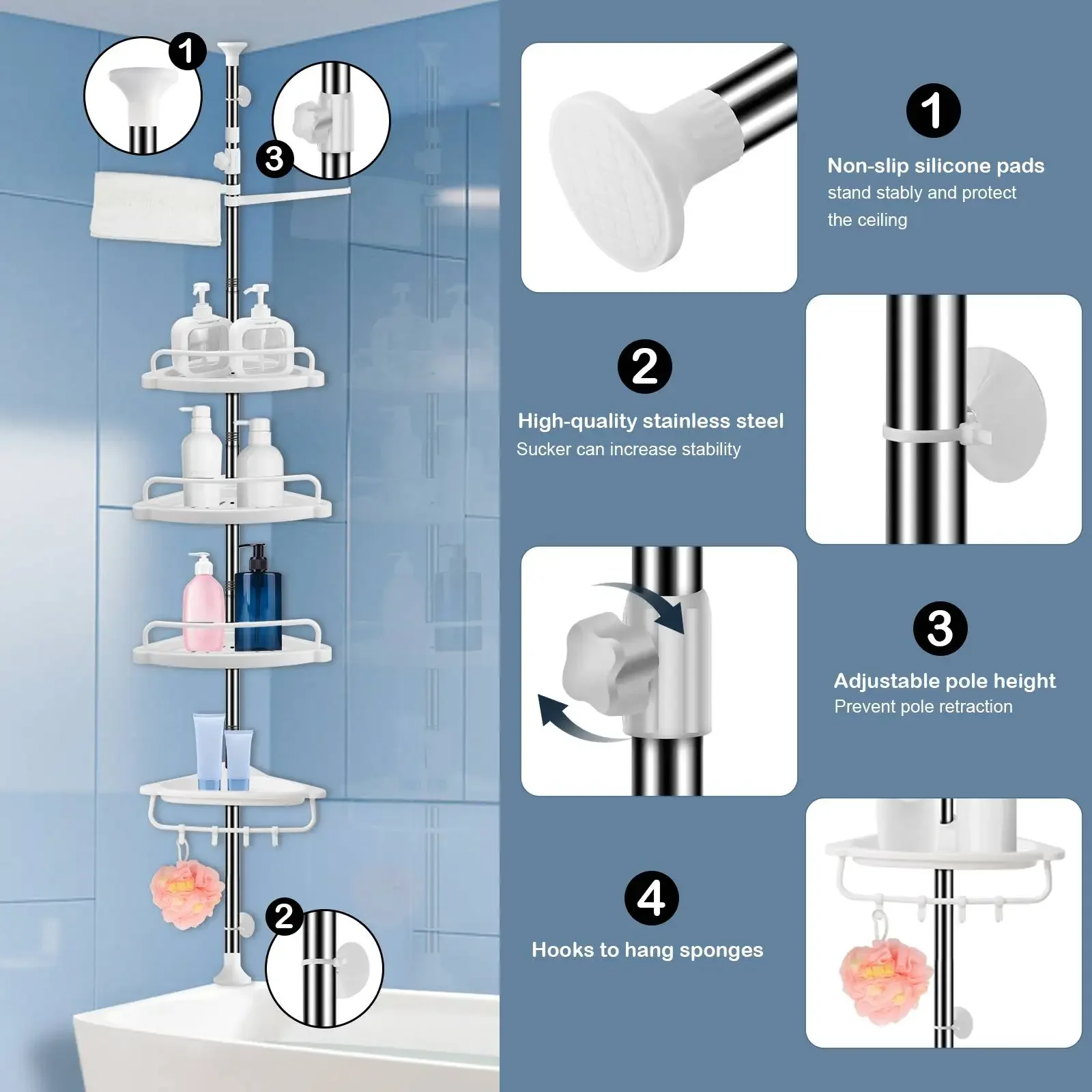 Adjustable Corner Caddy Shelf 8-10ft Pole 4 Home Rustproof Organizer Bathroom Shower Height Tension Caddy Racks Shower Tier 
Adjustable Corner Caddy Shelf 8-10ft Pole 4 Home Rustproof Organizer Bathroom Shower Height Tension Caddy Racks Shower Tier