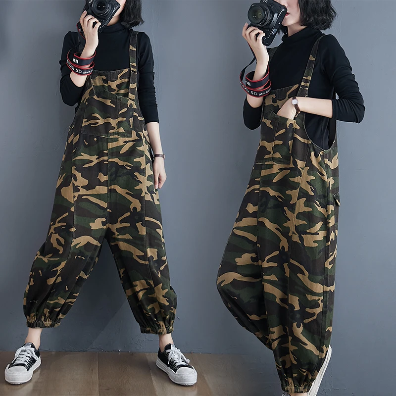

Army Green Camouflage Overalls Cropped Pants Casual Loose Jumpsuit Vintage Streetwear Oversized Dungarees Wide Leg Free Shipping