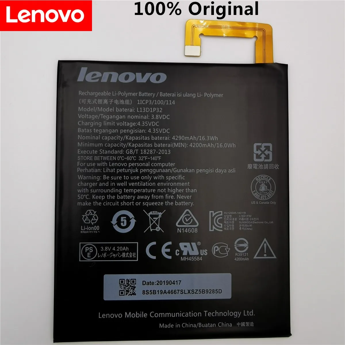 100% tested for Lenovo Lepad A8-50 A5500 Tab S8-50 Battery L13D1P32 Battery 4290mAh
100% tested for Lenovo Lepad A8-50 A5500 Tab S8-50 Battery L13D1P32 Battery 4290mAh