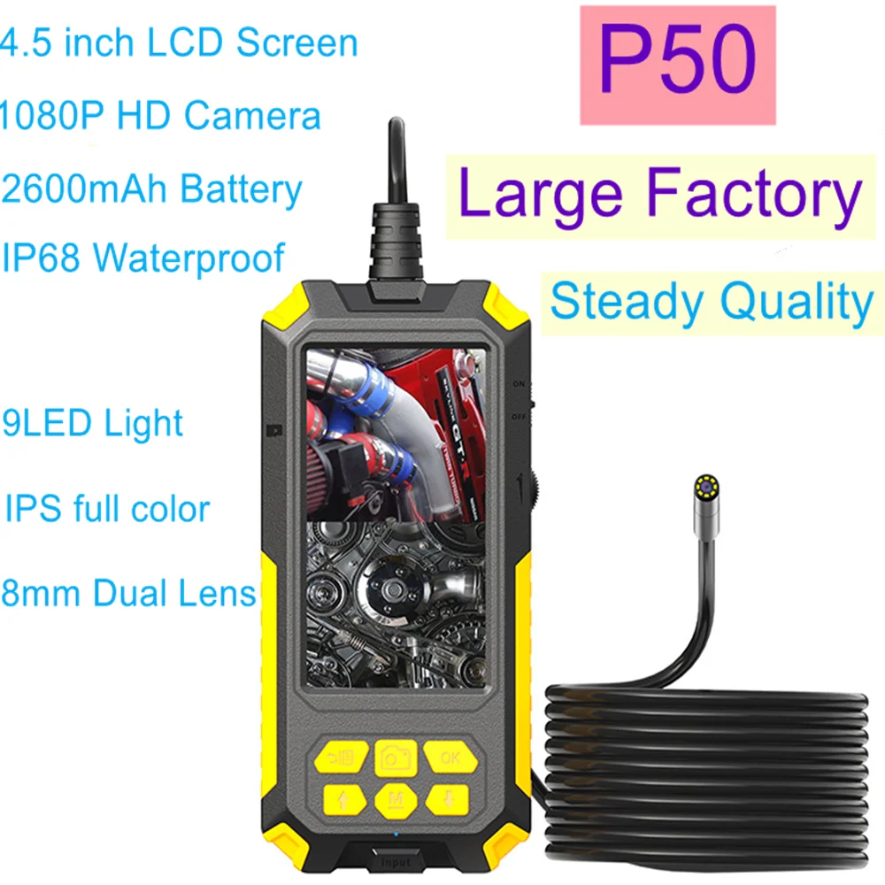 P50 8mm Dual Lens Industrial Endoscope 1080P Full HD 4.5inch LCD Digital Inspection Camera 9 LED Car Home Duct and Pipe
P50 8mm Dual Lens Industrial Endoscope 1080P Full HD 4.5inch LCD Digital Inspection Camera 9 LED Car Home Duct and Pipe