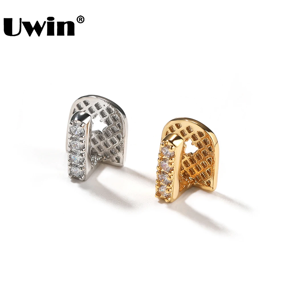

UWIN 2 Pcs Hip Hop Gold Color Teeth Grillz Top CZ Grills Dental Mouth Punk Teeth Caps Cosplay Party Tooth Rapper Jewelry Gift