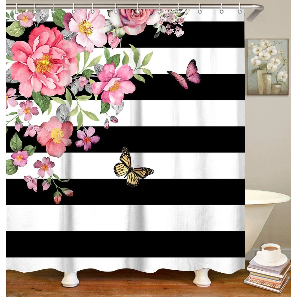 

Розовая Цветочная черно-белая полосатая занавеска для душа занавеска для ванной черные занавески розовая с узором в виде бабочки и листьев