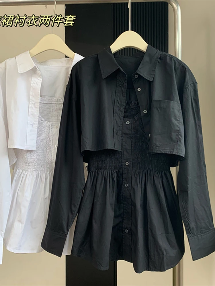 2023 Spring Women Solid Color 2 Pieces Outfit Lapel Loose Long Sleeve Crop Shirt+Pleated Ruffle Patchwork Suspender Mini Dress
2023 Spring Women Solid Color 2 Pieces Outfit Lapel Loose Long Sleeve Crop Shirt+Pleated Ruffle Patchwork Suspender Mini Dress