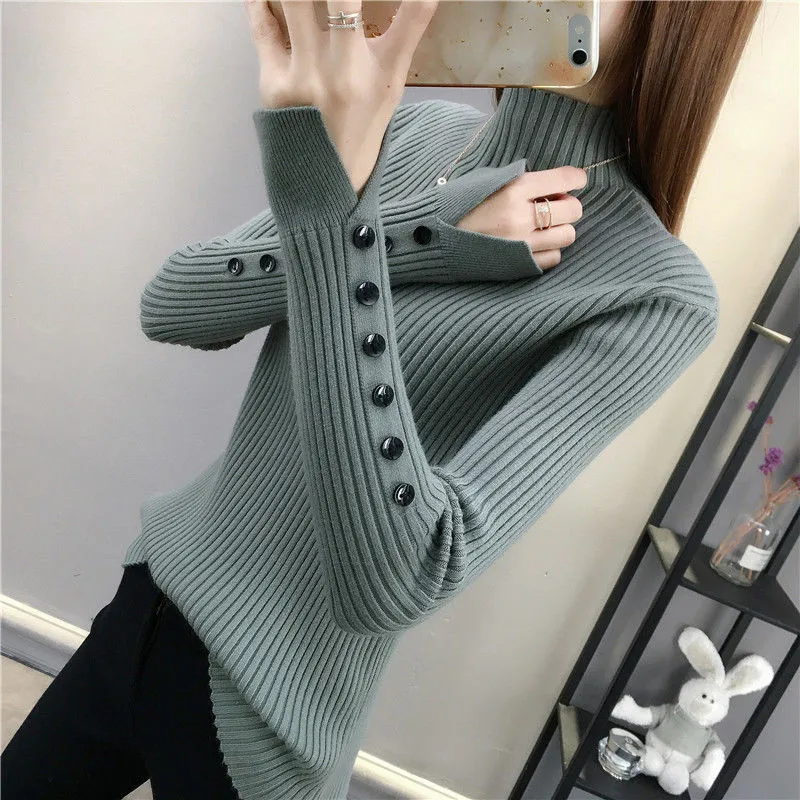 Autumn Winter Pullover Women Warm Sweater Half High Collar Slim Button Split Sleeve Black Interior Sweaters Top Female Clothes
Autumn Winter Pullover Women Warm Sweater Half High Collar Slim Button Split Sleeve Black Interior Sweaters Top Female Clothes