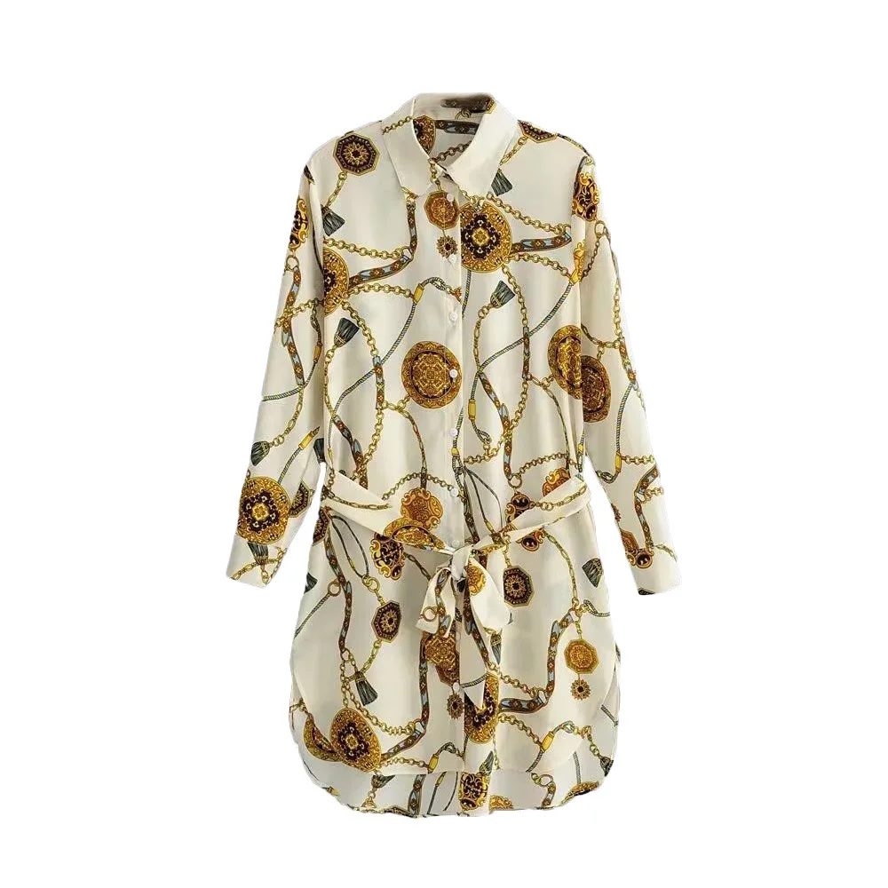 Long-Sleeved Lapel Chain Printed Shirt Dresses Above Knee Short Dresses Waist Lace-Up Retro Commuter Lady Office Women Dress
Long-Sleeved Lapel Chain Printed Shirt Dresses Above Knee Short Dresses Waist Lace-Up Retro Commuter Lady Office Women Dress
