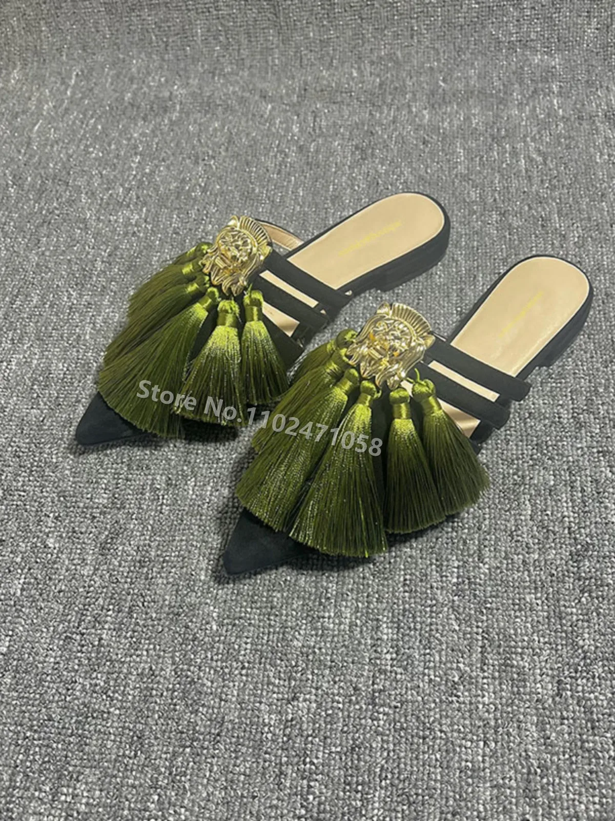 Green Tassels Rhinestone Pointed Toe Slippers Ethnic Style Pointed Toe Slingback Flats Women Outside Sandals Ladies Dress Shoes 
Green Tassels Rhinestone Pointed Toe Slippers Ethnic Style Pointed Toe Slingback Flats Women Outside Sandals Ladies Dress Shoes