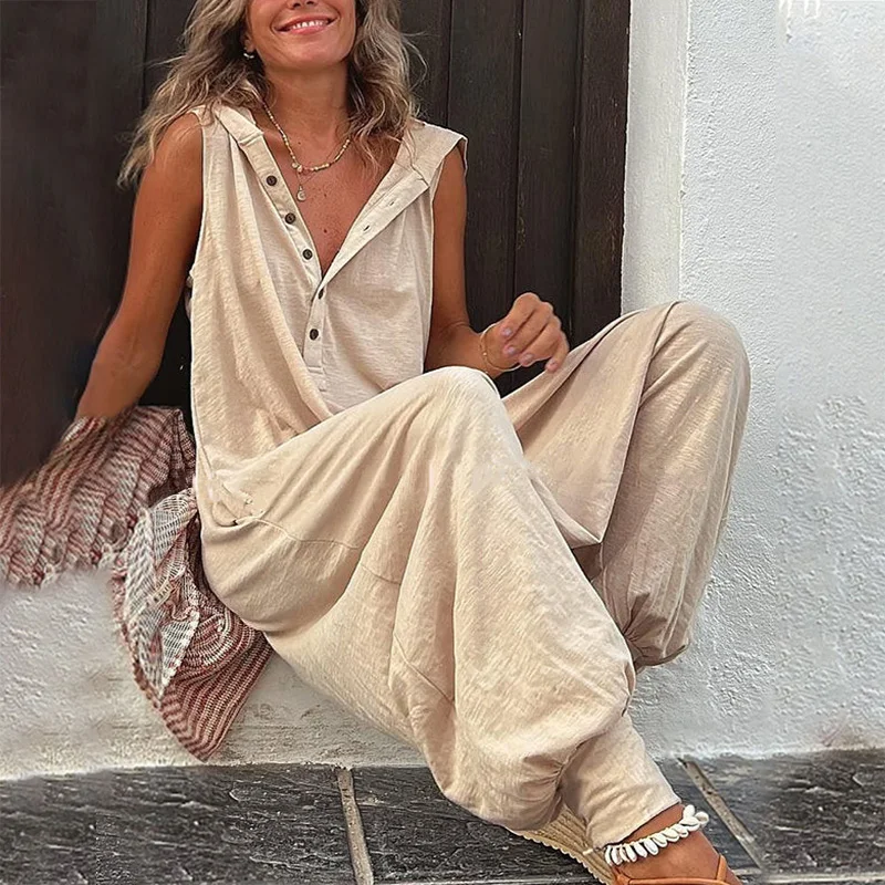 Solid Color Casual Jumpsuit Shopping Streetwear Button Hooded Sleeveless Baggy Pants Cotton Trend Loose Trouser Jumpsuit Summer
Solid Color Casual Jumpsuit Shopping Streetwear Button Hooded Sleeveless Baggy Pants Cotton Trend Loose Trouser Jumpsuit Summer