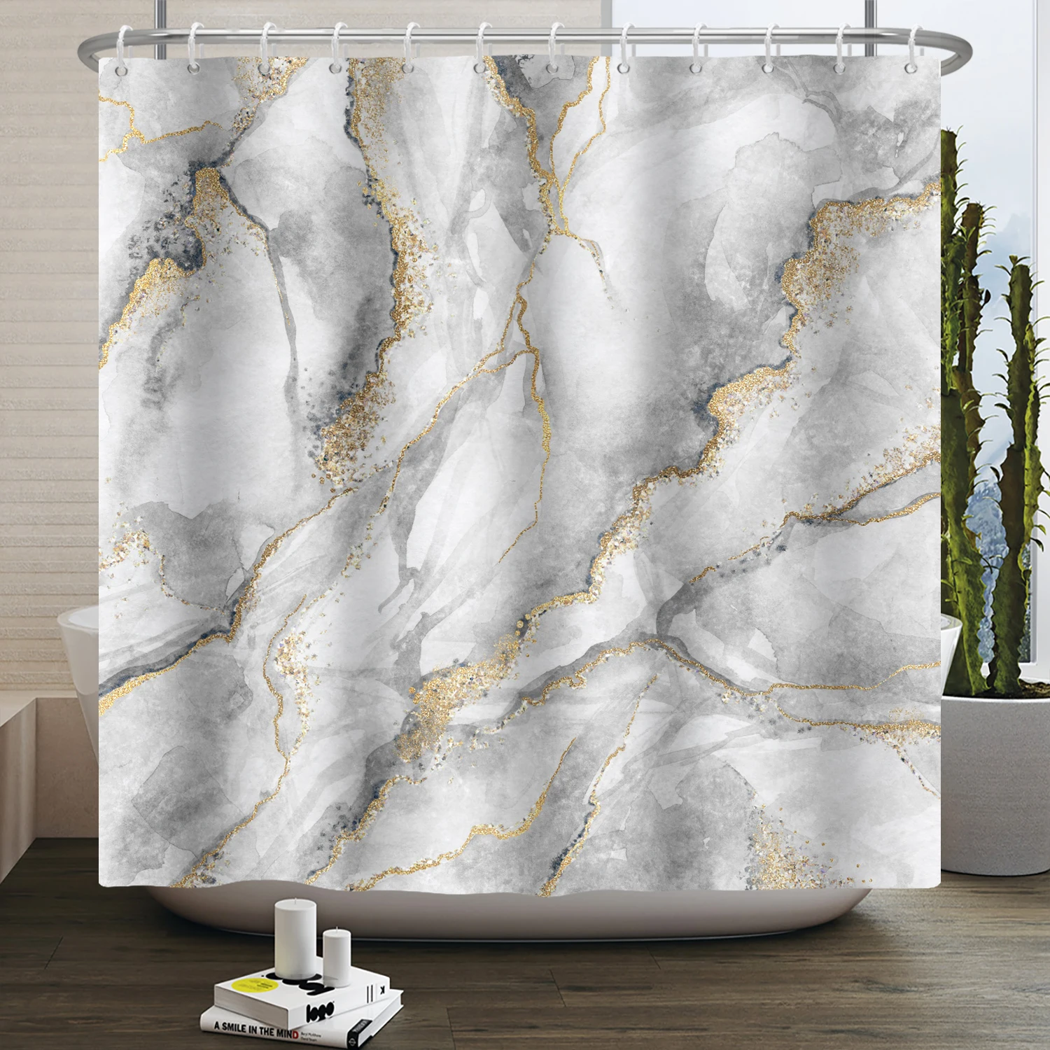 

Серый золотой мраморный занавес для душа Абстрактный современный декор ванной комнаты Роскошный стандарт водонепроницаемая моющаяся ткань для ванны с крючками