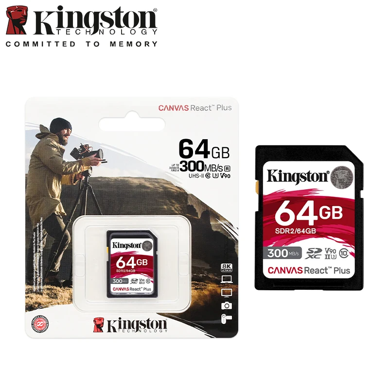 

Kingston Canvas React Plus SD Card 32GB 64GB 128GB 256GB Memory Card Up to 300MB/s read V90 UHS-II Flash Card for 4K/8K Camera