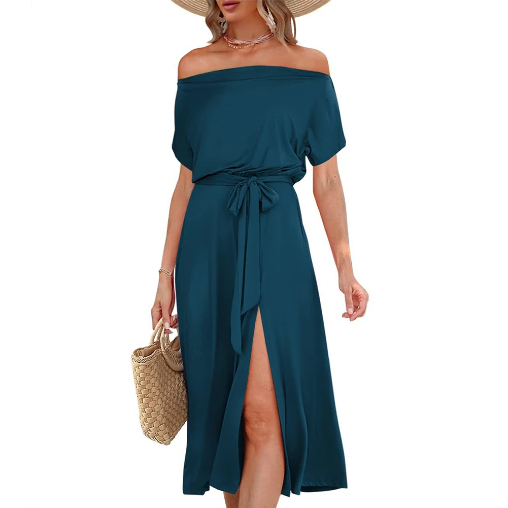Elegant Dresses For Women Off Shoulder Short Sleeve Tie Waist Split Midi Dress Summer Retro High Waist Soild Party Dress
Elegant Dresses For Women Off Shoulder Short Sleeve Tie Waist Split Midi Dress Summer Retro High Waist Soild Party Dress
