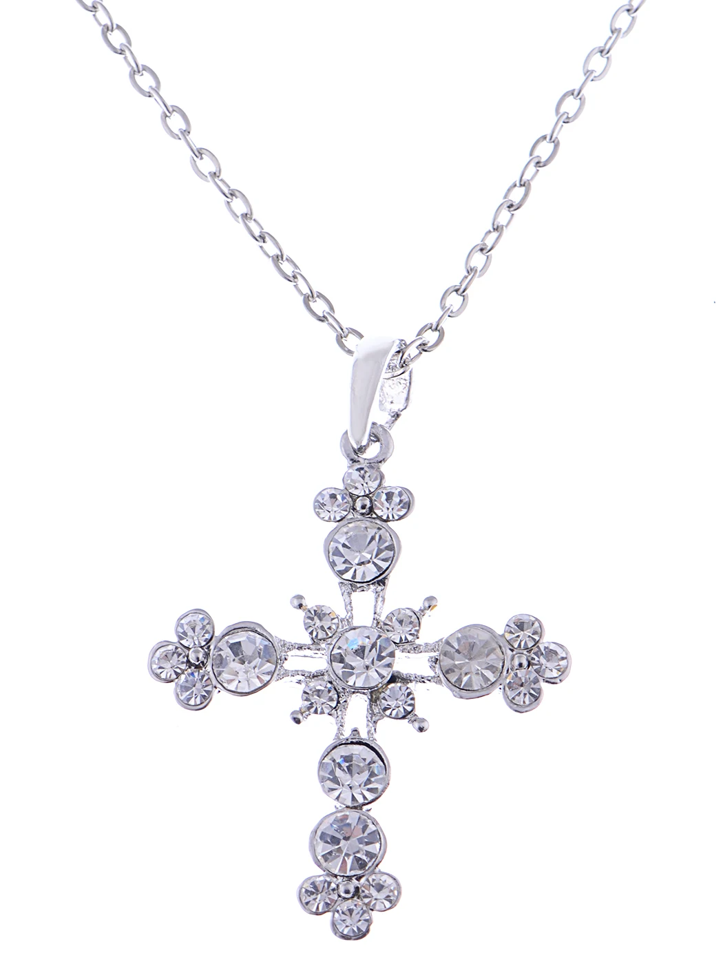 

Silvery Tone Shine Clear Crystal Rhinestones Holy Cross Pendant Necklace