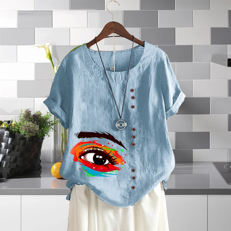 Plus Size O Neck Printed Short Sleeve Shirt for Women Eye Pattern Vintage Cotton Linen Casual Loose Summer T Shirt Top for Lady
Plus Size O Neck Printed Short Sleeve Shirt for Women Eye Pattern Vintage Cotton Linen Casual Loose Summer T Shirt Top for Lady