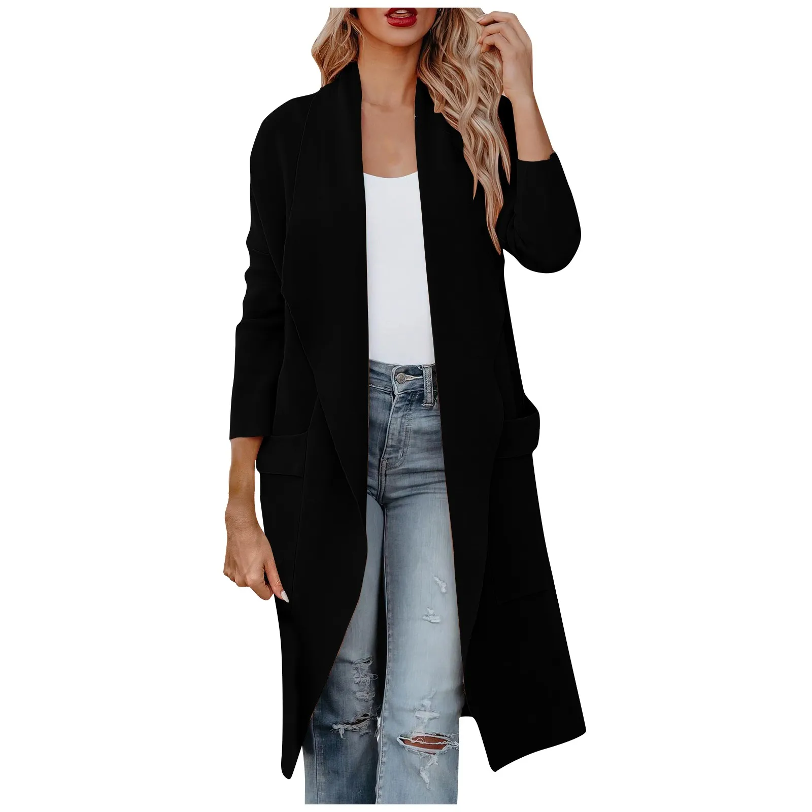 

Women's Casual Long Sleeve Long Cardigan Outwear Draped Open Front Jackets female solid color Autumn And Winter wool Blends