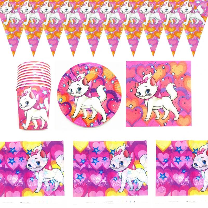 

51pcs/lot Aristocats Marie Cat Theme Banner Happy Birthday Party Plates Flags Napkins Baby Shower Kids Decorate Cups Tablecloth