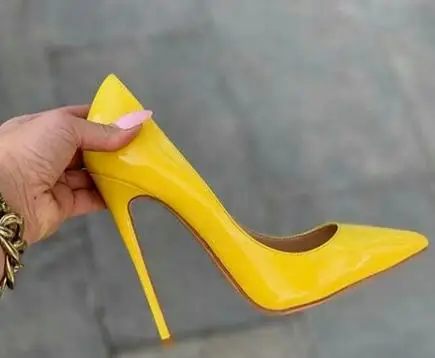 

UVRCOS Sexy 12/10/8cm Thin Heels Women Pumps Pointed Toe Yellow Patent leather Stiletto Heels Office Lady Shoes