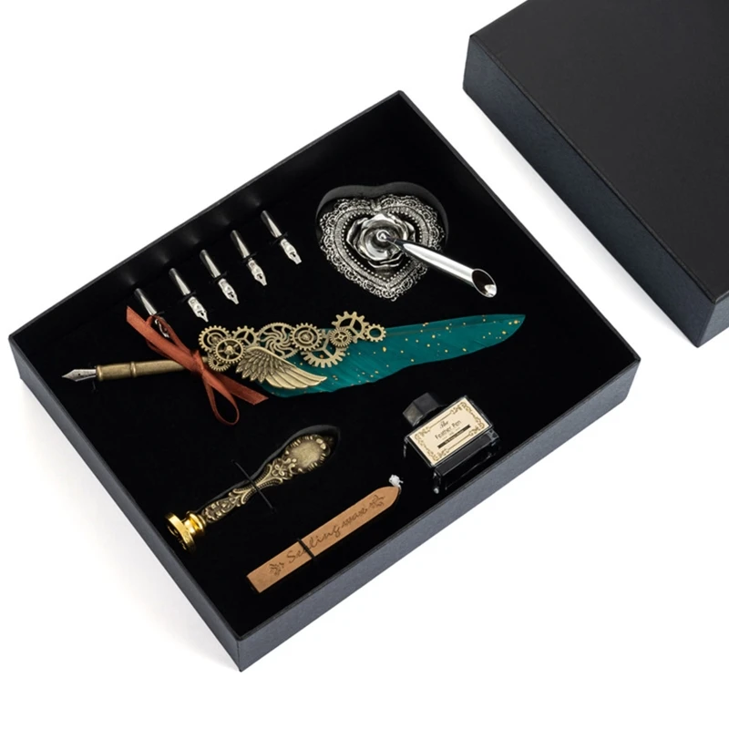 594F Exquisite Dip Pen Kit 5 Pen Nibs Wax Stick Wax Stamp Set Feather Calligraphy Pen Kit for Signatures Wedding Invitations
594F Exquisite Dip Pen Kit 5 Pen Nibs Wax Stick Wax Stamp Set Feather Calligraphy Pen Kit for Signatures Wedding Invitations
