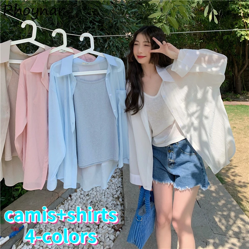 Women Sets 2 Piece Thin Solid Camis Shirts Summer Sun-proof Simple Fashion Basic All-match Casual Korean Style Loose Cozy Chic
Women Sets 2 Piece Thin Solid Camis Shirts Summer Sun-proof Simple Fashion Basic All-match Casual Korean Style Loose Cozy Chic
