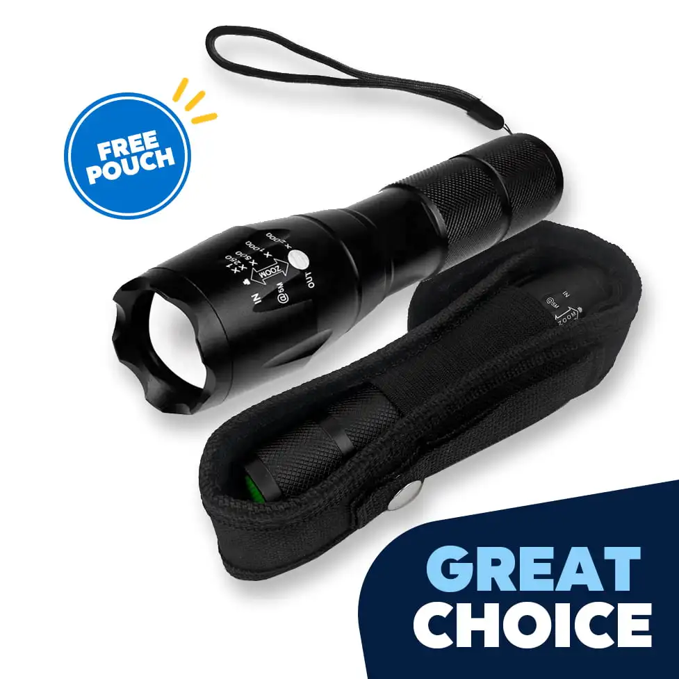 LED Flashlight + Pouch - Powerful High Lumens Zoomable Flashlight - 5 Mode, Water Resistant Bright Flash Light for Camping Emerg
LED Flashlight + Pouch - Powerful High Lumens Zoomable Flashlight - 5 Mode, Water Resistant Bright Flash Light for Camping Emerg