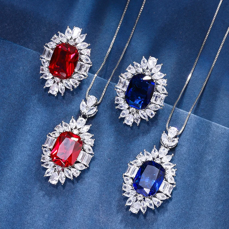 

Lab Sapphire Ruby Rings Necklace for Women Trendy Sterling 925 Silver Fine Jewelry Sets Female Engagement Valentine's Day Gift