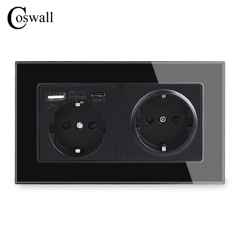 

Coswall EU Russia Spain Standard Wall Power Socket Grounded USB Type A & Type-C Charge Port Tempered Glass Panel Black