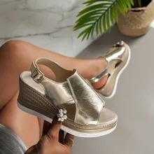2023 New Cut Out Glitter Color Golden Silver Women Casual Wedges Sandals One Line Buckle Peep Toe Women Summer Beach Sandals