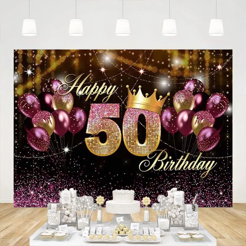 

Happy 50th Birthday Backdrop Women Purple Balloons Gold Crown Sparkly Photography Background Birthday Party Decorations Banner