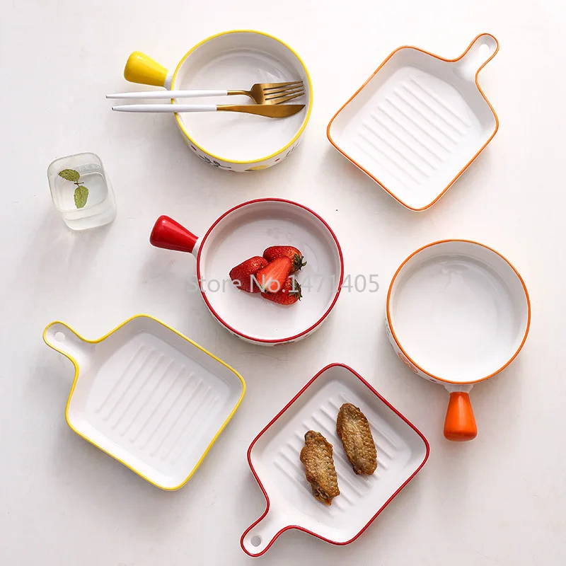 

Керамическая жаропрочная посуда с одной ручкой в скандинавском стиле, специальная креативная посуда для запеченного риса, духовки, домашняя тарелка для завтрака, салата