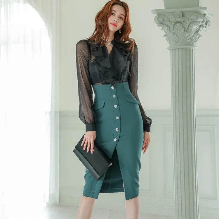 2023 Korean Spring Women Fashion Office OL 2 Pieces Set Sexy Black Perspective Shirt Top + Split Pencil Skirts Office Lady Suit
2023 Korean Spring Women Fashion Office OL 2 Pieces Set Sexy Black Perspective Shirt Top + Split Pencil Skirts Office Lady Suit